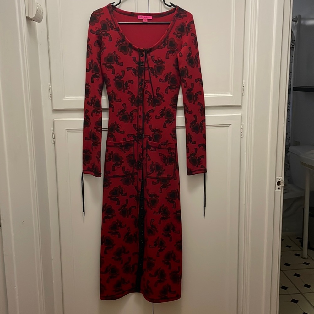 Betsey Johnson red and black heart and gun dress maxi